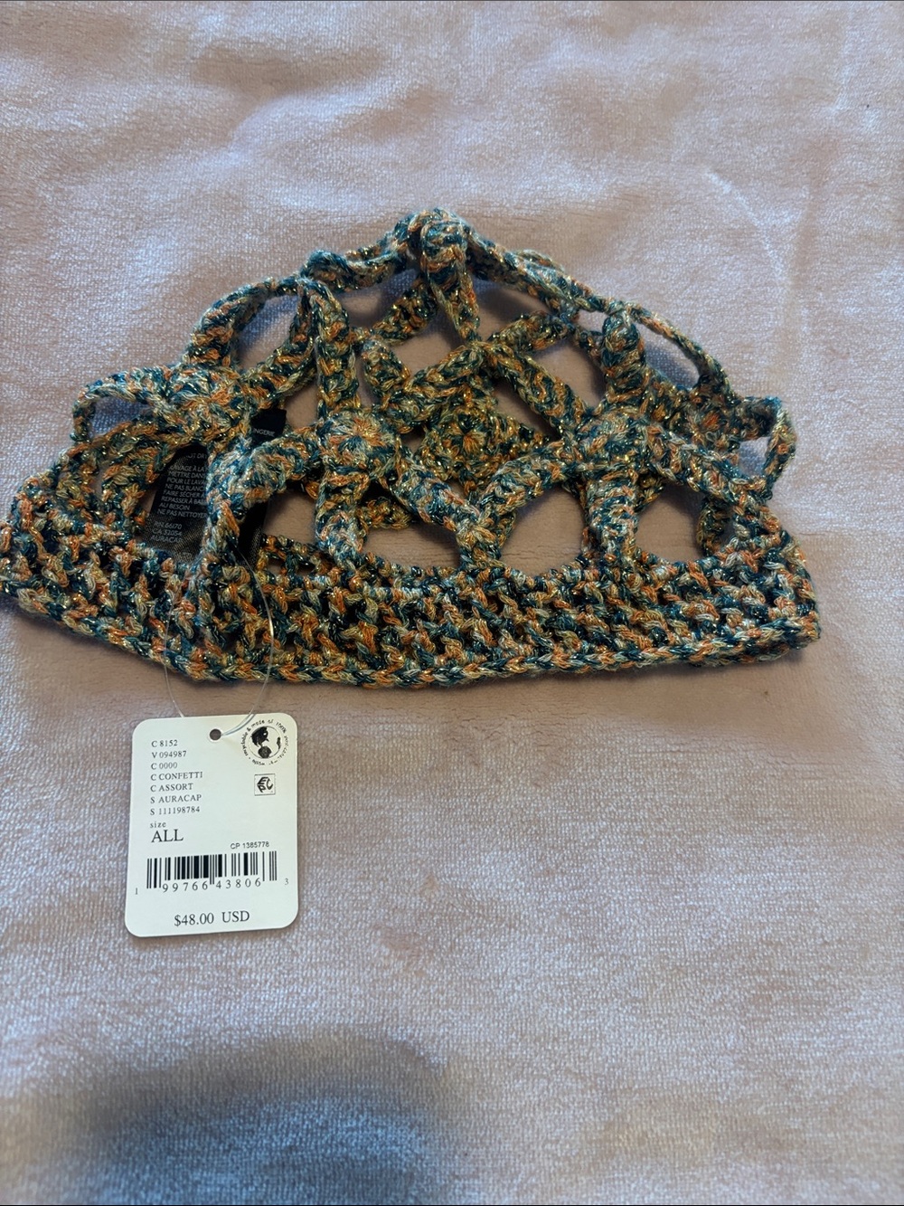 Free People Crochet Open-Weave Headband in Teal and Camel